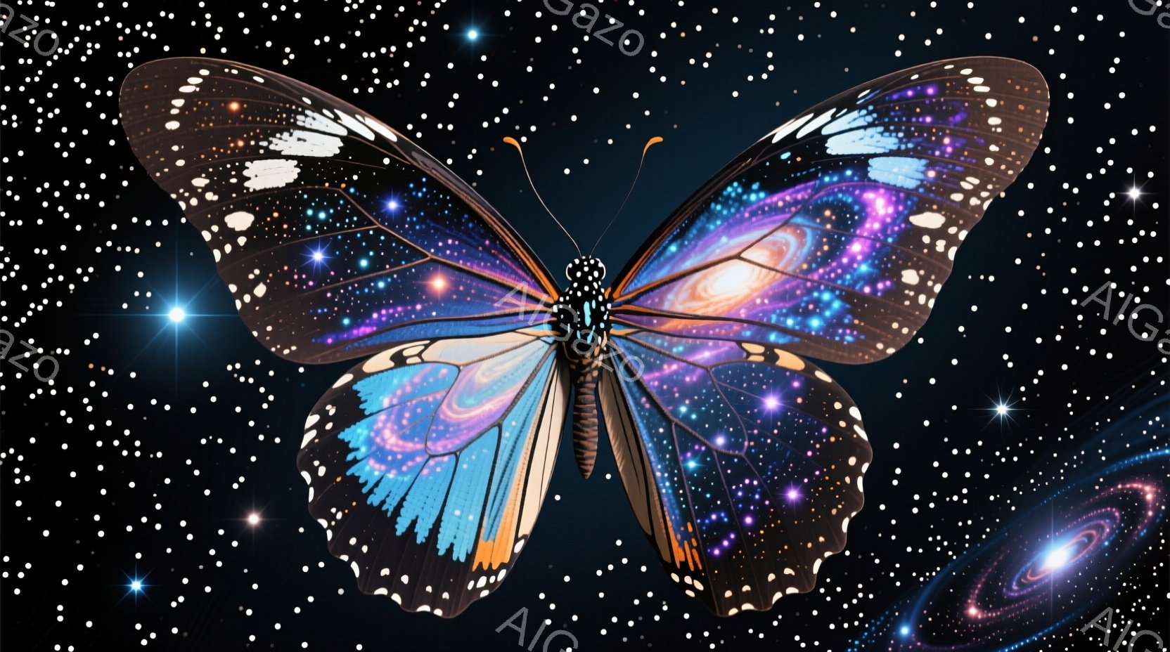広大な宇宙を背景に、鮮やかな色彩の蝶が翼を広げています。その翼は、銀河や星雲を閉じ込めたように輝き、深い青、紫、オレンジ色が混ざり合い、幻想的な光景を作り出しています。無数の星が散りばめられた背景と相まって、神秘的で壮大な雰囲気を醸し出しています。