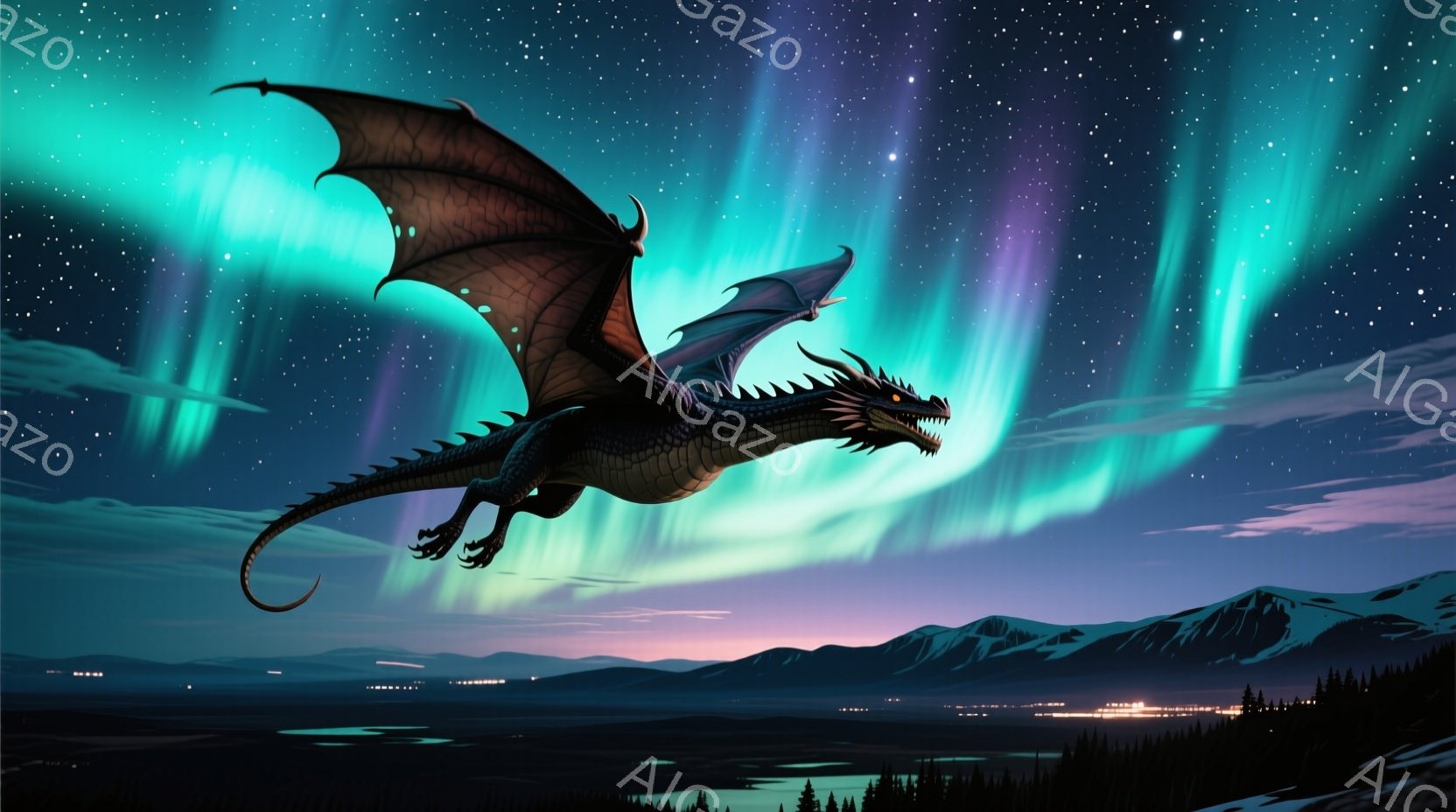 暗い空に、巨大な黒いドラゴンが翼を広げ、夜空を飛んでいる。背景には、遠くの山々と、街の明かり、そしてオーロラが幻想的な光を放ち、神秘的な雰囲気を醸し出している。ドラゴンのシルエットとオーロラの色彩が、 - AI生成フリー素材