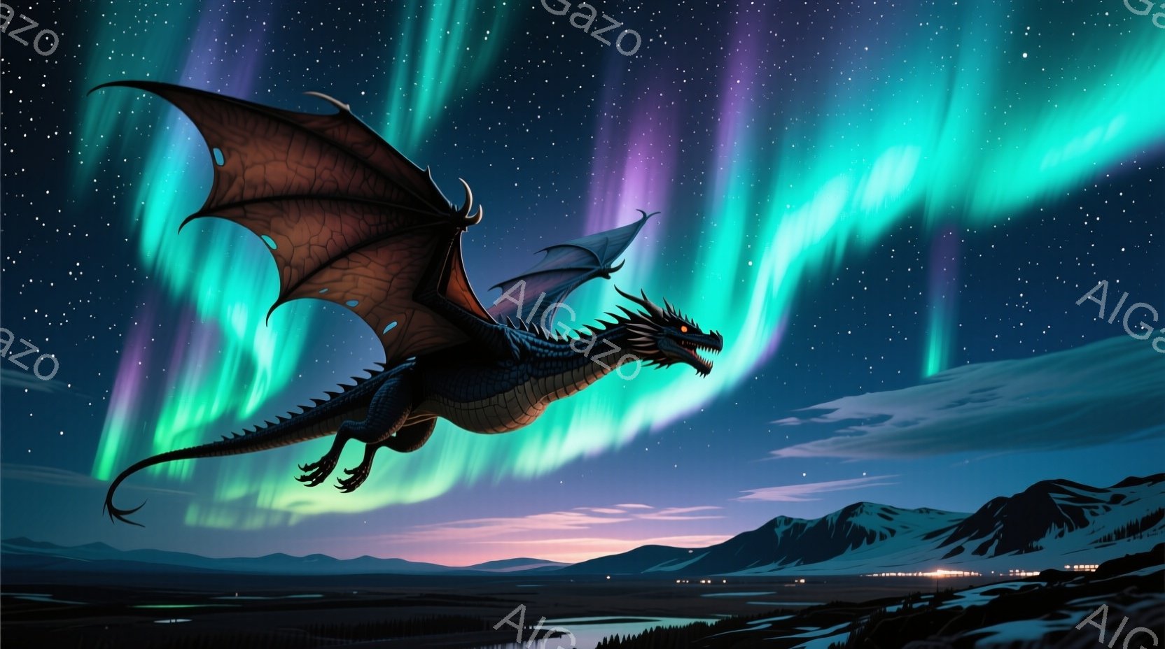 夜空を巨大な黒いドラゴンが飛んでいる。オーロラが空を彩り、遠くには雪を頂いた山々と小さな街並みが広がる幻想的な風景だ。ドラゴンの目は鋭く光り、力強く前進する姿は威厳に満ちている。