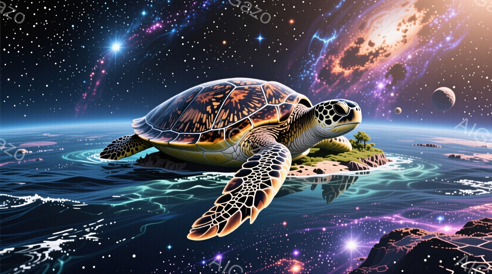 巨大なウミガメが、輝く紺碧の海をゆっくりと泳いでいる。背景には、渦巻く銀河、星雲、そして遠くに見える惑星が広がり、幻想的な雰囲気を醸し出している。波は光り輝き、神秘的な空間の中にウミガメが静かに存在す - AI生成フリー素材