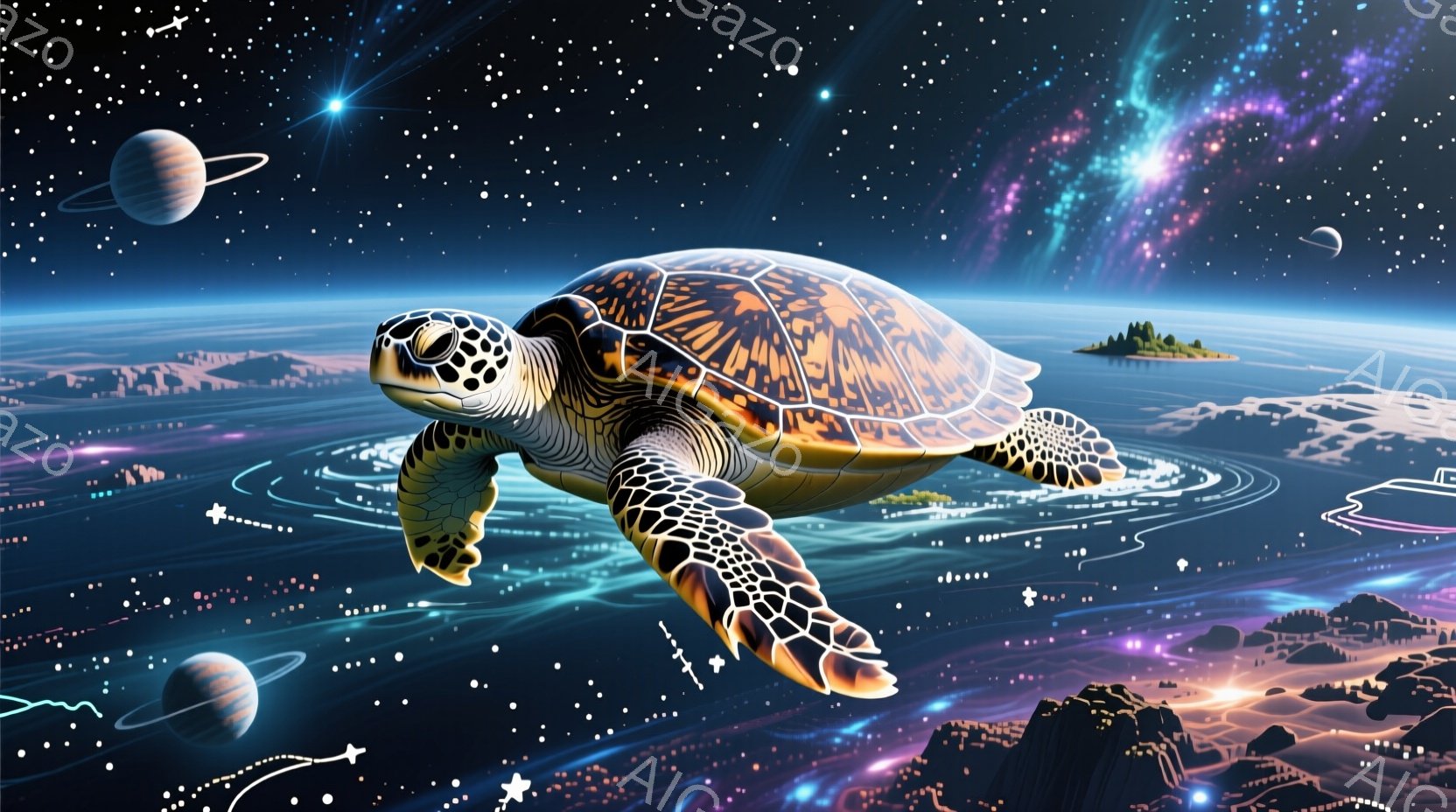 巨大なウミガメが、紫と青の渦巻く宇宙空間を優雅に泳いでいる。背景には、山々と小さな島々が浮かび、遠くに惑星が見える幻想的な風景が広がり、星々が輝いている。全体的に神秘的で夢幻的な雰囲気が漂っている。
