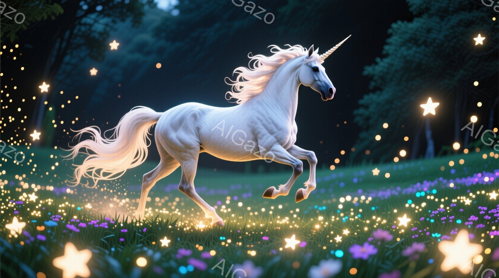 白いユニコーンが緑豊かな花畑の中を力強く走り、たてがみが風になびいている。背景には暗い森が広がり、夜空には星や光の粒子が散りばめられ、幻想的な雰囲気を醸し出している。 全体的に、神秘的で夢のような、静 - AI生成フリー素材