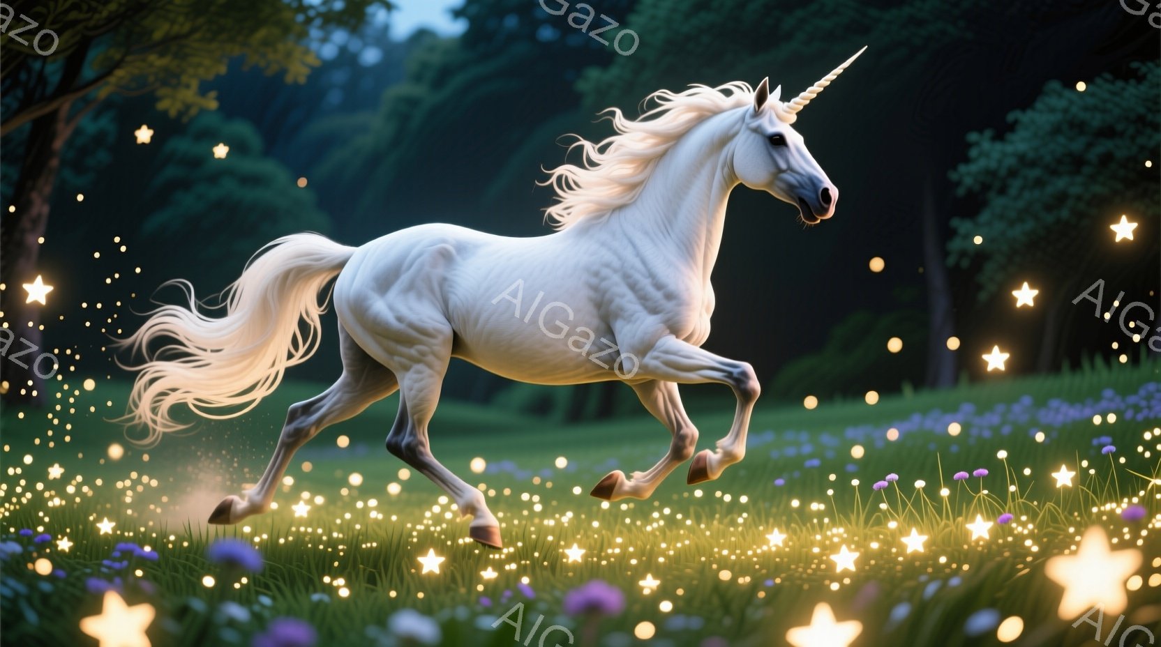白いユニコーンが緑豊かな草原を駆け抜けている姿が捉えられています。そのたてがみと尾は風になびき、周囲にはきらめく星のような光が舞い散っています。背景には緑の木々がぼやけて見え、幻想的で牧歌的な雰囲気が - AI生成フリー素材