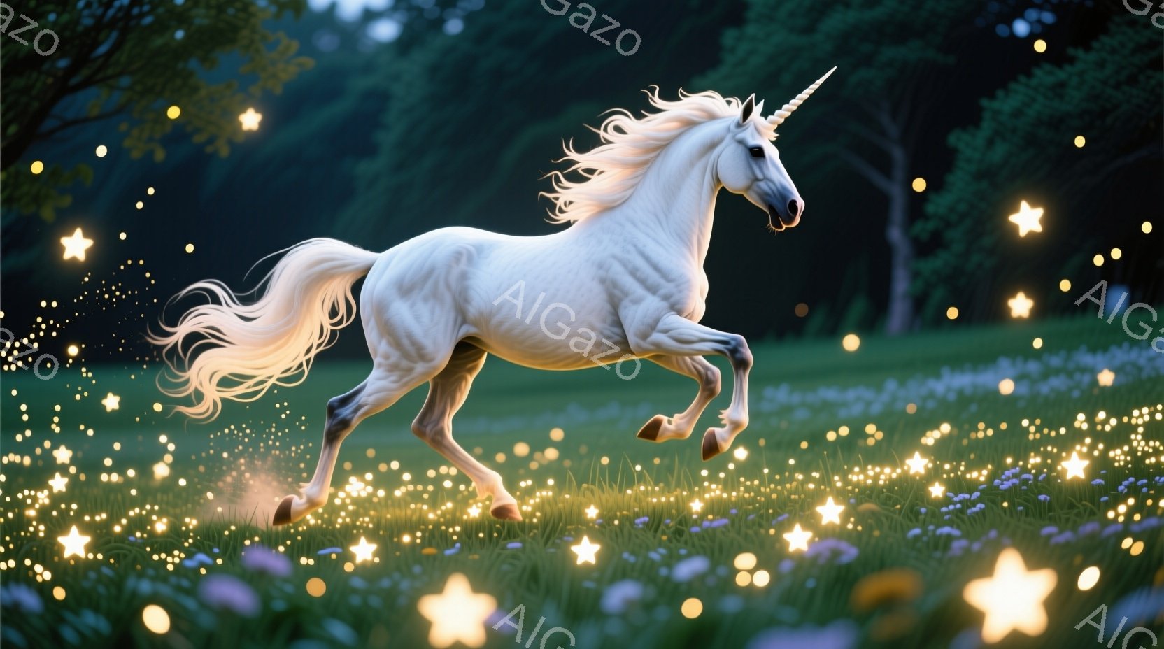 白いユニコーンが緑豊かな草原を疾走している姿が描かれている。その周りには、キラキラと輝く星のような光が舞い散り、幻想的な雰囲気を醸し出している。草原には小さな花々が咲き乱れ、背景には木々が緑豊かに広が - AI生成フリー素材