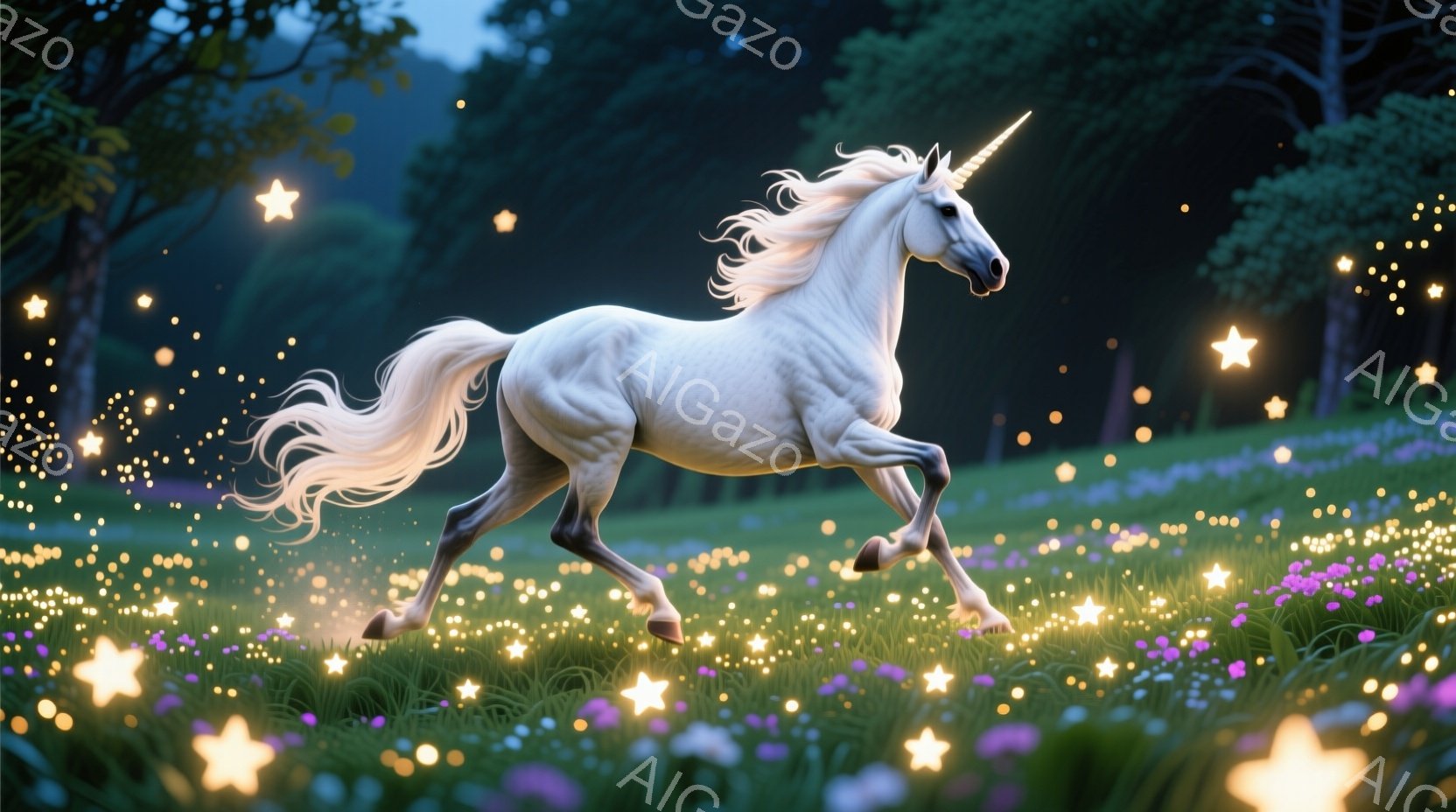 白いユニコーンが緑豊かな草原を疾走している姿が描かれています。背景には紫色の花々が咲き乱れ、無数の星のような光が草原全体を照らしています。穏やかで幻想的な雰囲気で、ユニコーンのたてがみと尾が風になびき - AI生成フリー素材