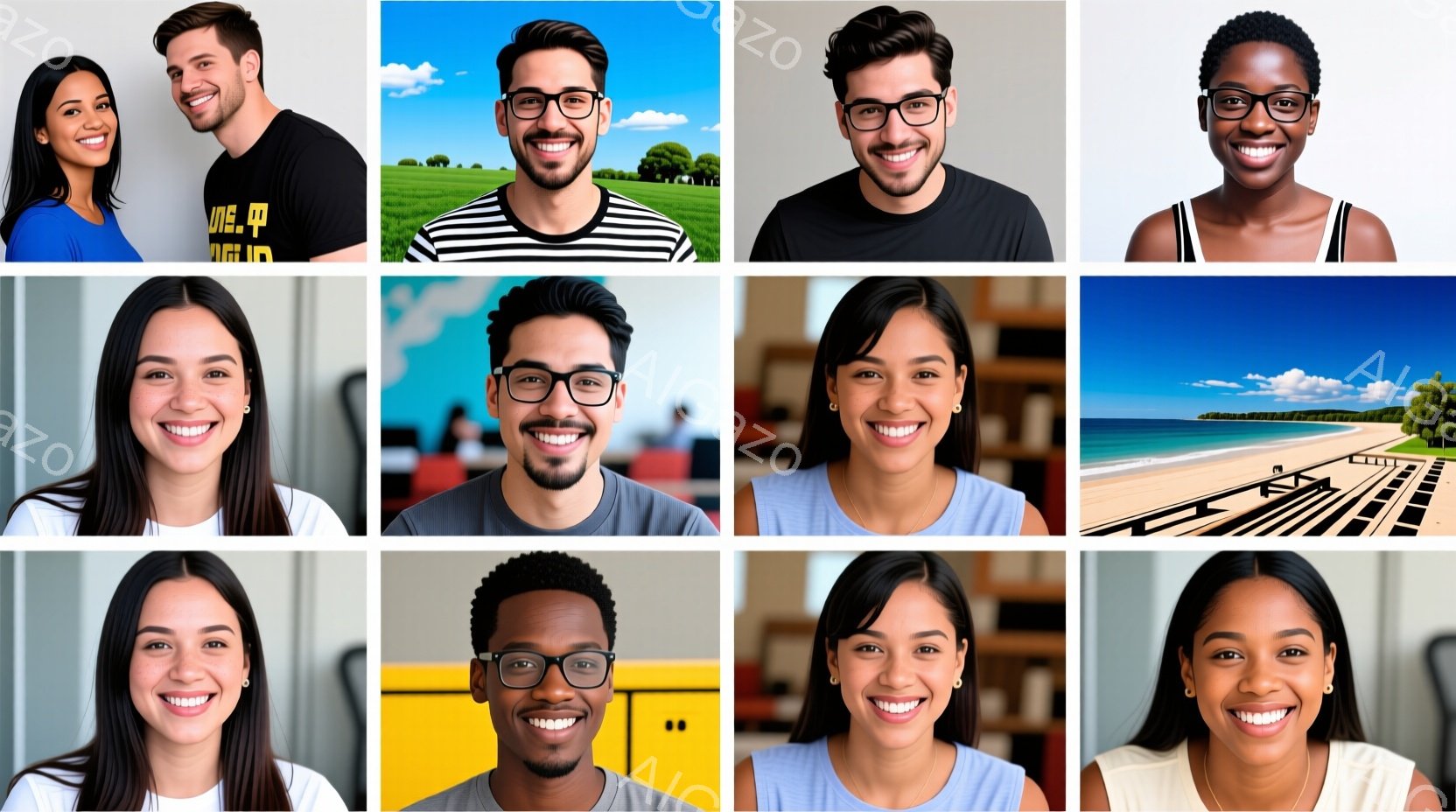 画像は12個の正方形のグリッドで構成されており、人物のポートレートと風景写真が交互に配置されています。ポートレートは様々な人種と髪型の笑顔の人々を示しており、カジュアルな服装をしています。背景には、オ - AI生成フリー素材