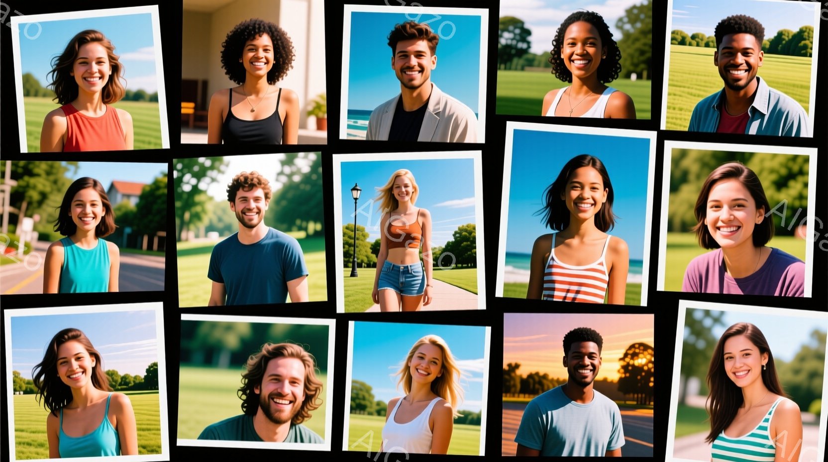 様々な人々のポートレートをコラージュしたものです。それぞれが異なる服装で、笑顔を見せており、背景には緑豊かな公園や夕焼け空が見られます。全体的に明るく、ポジティブな雰囲気を感じさせる作品です。