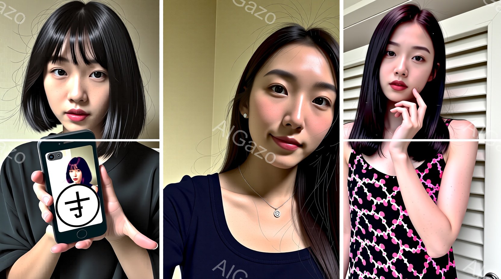 最初の画像では、黒髪の女性が画面を見つめており、少し微笑んでいます。彼女は黒いオーバーサイズのトップスを着ており、背景は白っぽい壁です。二番目の画像では、同じ女性が黒いトップスを着て、首に細いネックレ - AI生成フリー素材