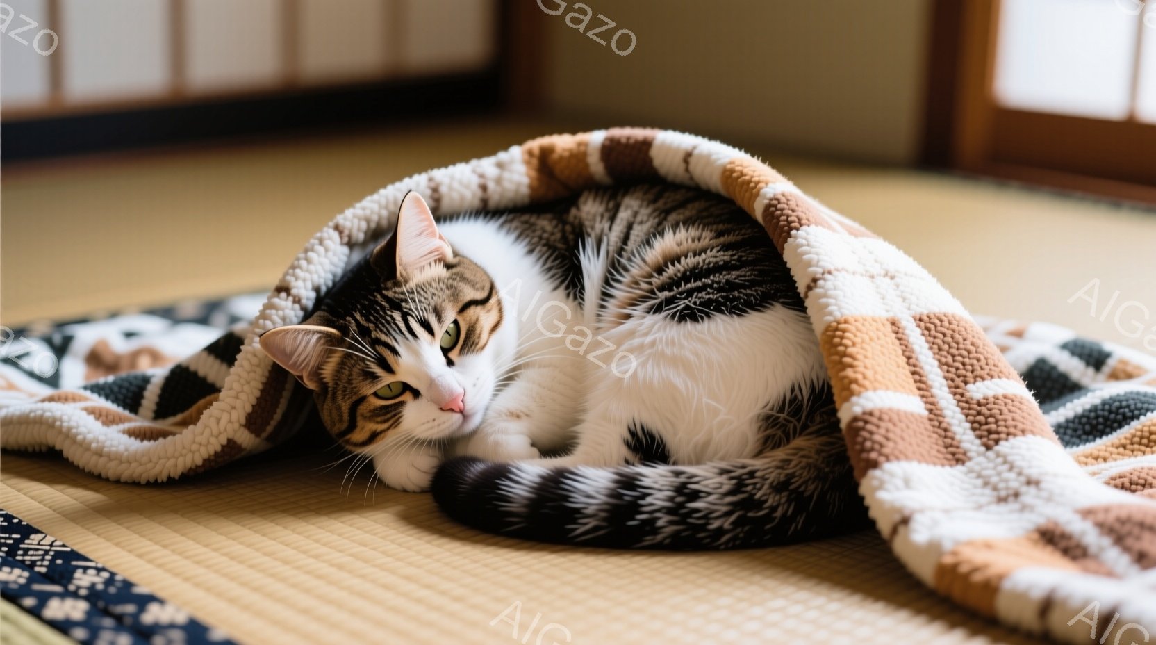 白と茶色の縞模様の猫が畳の上に丸まって眠っています。猫は毛布に包まれ、リラックスした表情で穏やかな時間を過ごしているようです。背景には日本の伝統的な部屋の一部が見え、温かく落ち着いた雰囲気を醸し出して - AI生成フリー素材
