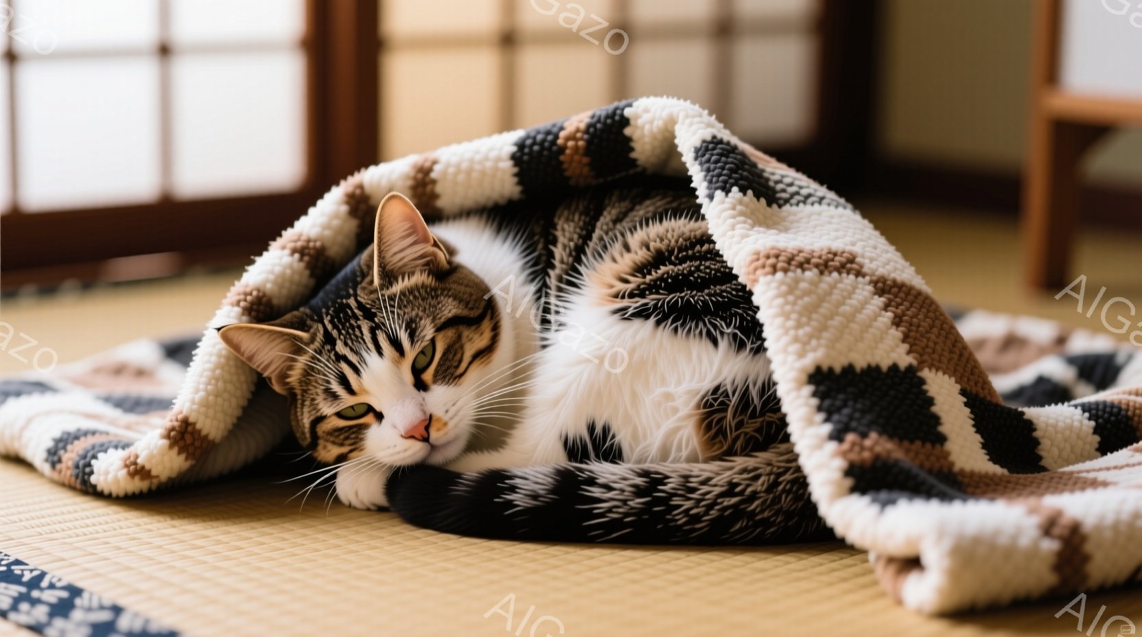 白と黒の縞模様の猫が、ベージュと黒の編み物のブランケットに包まれて畳の上に丸まって眠っています。猫は目を細め、リラックスした表情で、毛並みはふっくらとして暖かそうです。背景には、日本の伝統的な障子が見 - AI生成フリー素材