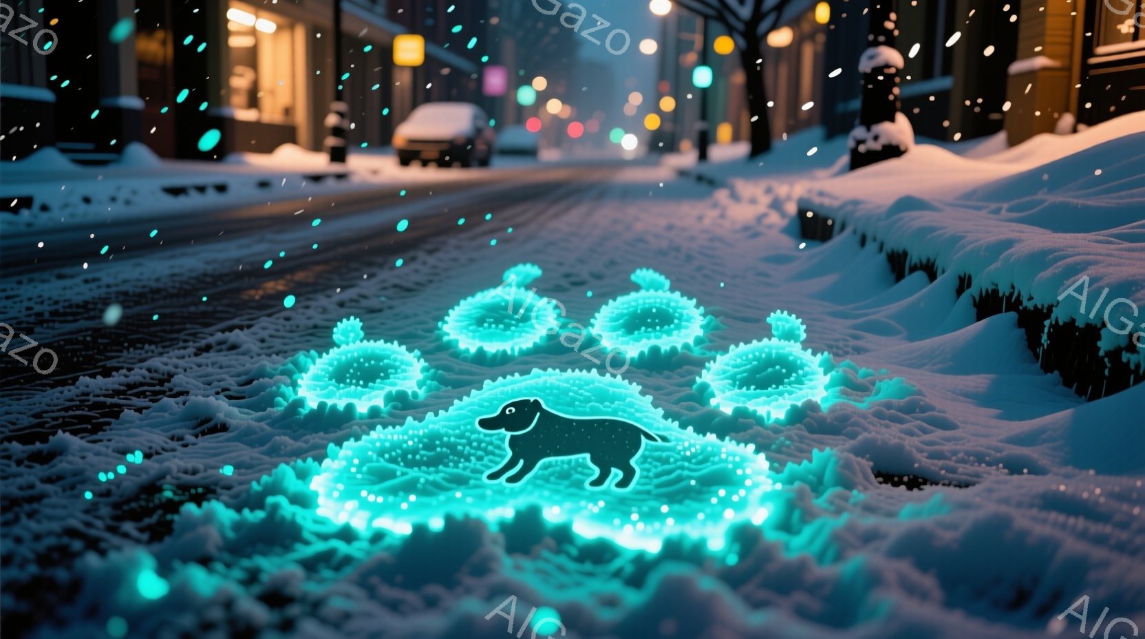 雪が降る夜の街並みの中に、光る青い輪の中に黒いダックスフンドが描かれている。道路には雪が積もり、街灯や車のライトがぼんやりと光っている。全体的に幻想的で、冬の夜の静けさと、ダックスフンドのシルエットが - AI生成フリー素材