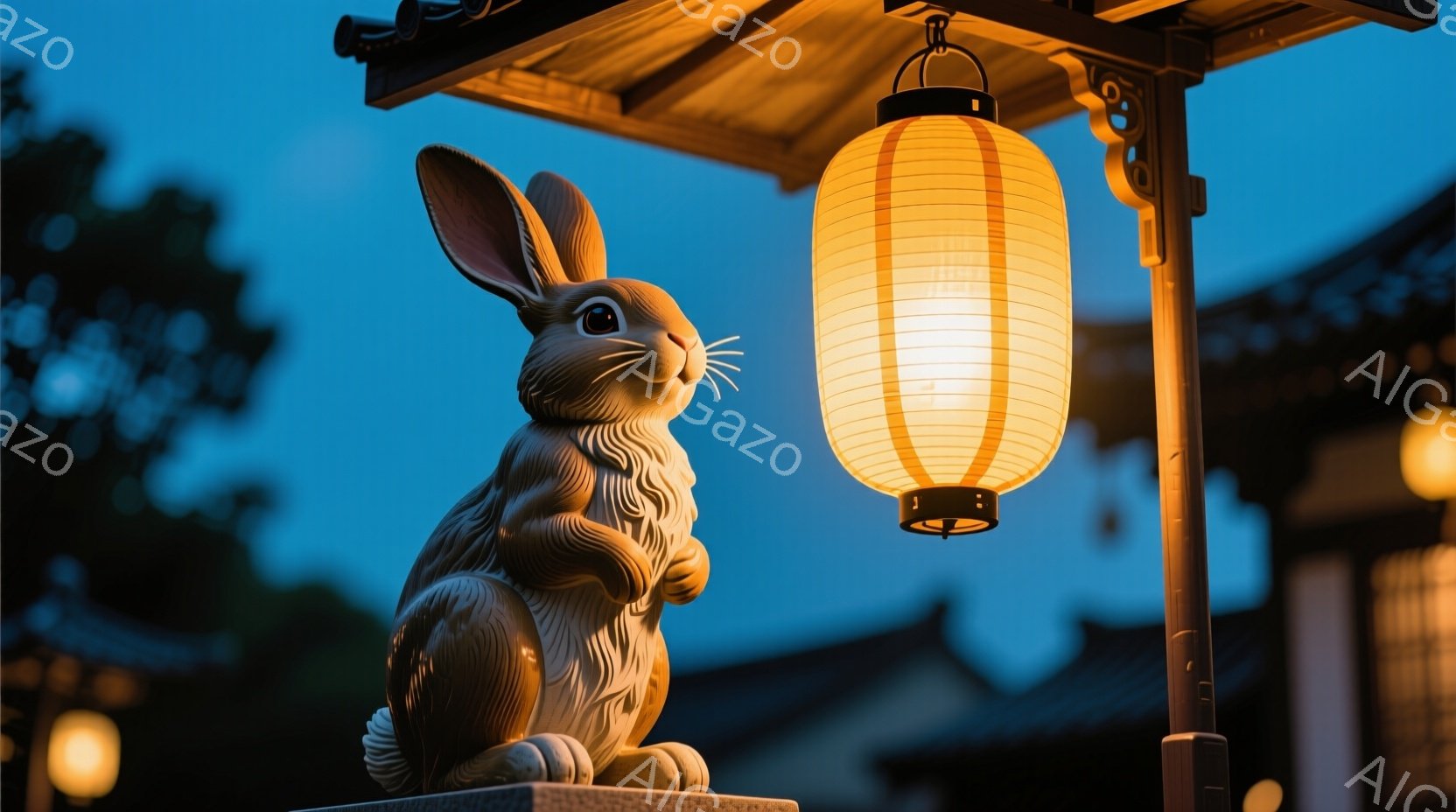 石造りのウサギの像が、日本の伝統的な提灯の下に座っている。提灯は温かい光を放ち、ウサギの像を優しく照らしている。背景には、瓦屋根の建物が見え、夕暮れ時の穏やかな空が広がっている。