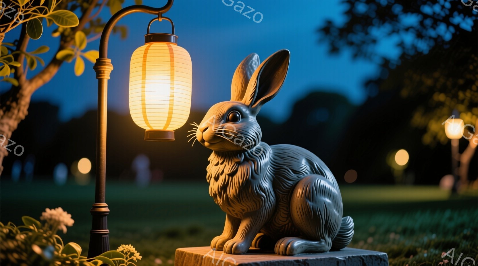 庭園の一角に、石像のウサギが置かれています。ウサギは前足を組み、穏やかな表情で何かを見つめており、その隣には柔らかな光を放つ提灯が灯されています。背景には緑豊かな草地と、ぼんやりと見える木々が広がり、夜の静かで幻想的な雰囲気を醸し出しています。