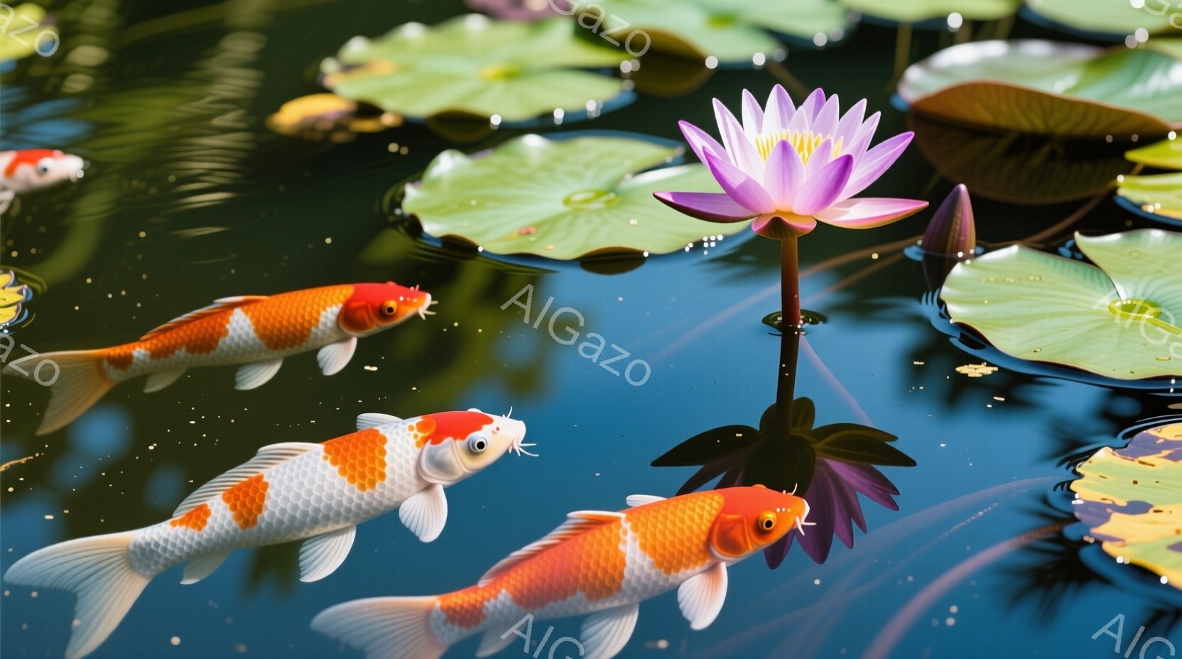 鮮やかな鯉が数匹、水面に浮かぶ大きな睡蓮の葉と紫色の蓮の花の間を泳いでいる。水面には光が反射し、水中の緑と鯉の赤白のコントラストが美しい。全体的に穏やかで、平和な雰囲気が漂っている。