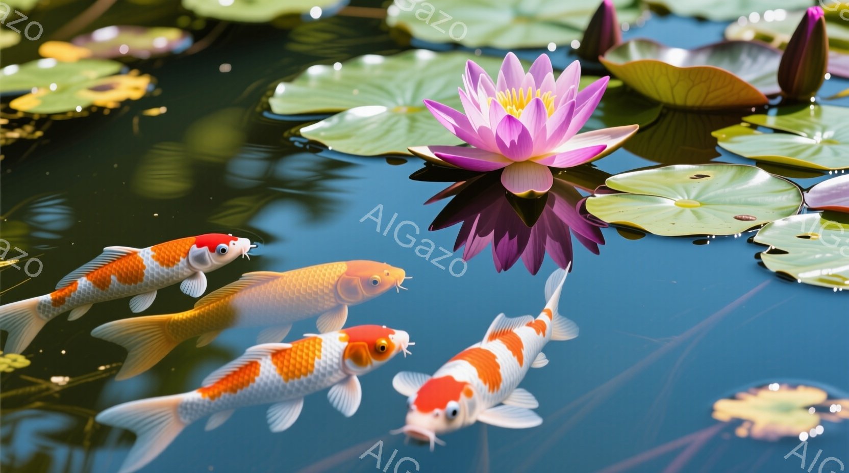 鮮やかな鯉が池の中で泳いでおり、その動きは優雅で生き生きとしている。背景にはピンク色の蓮の花が咲き誇り、緑色の睡蓮の葉が水面を覆っている。全体的に、静かで穏やかな、自然の美しさが際立つ雰囲気である。