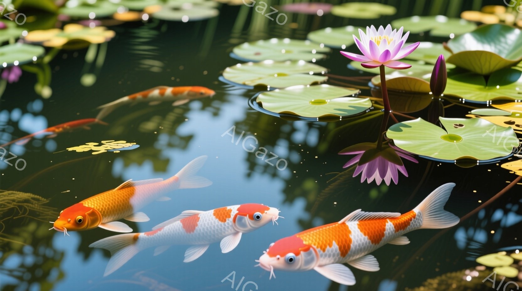 鮮やかな鯉が3匹、水面を優雅に泳いでいる様子が描かれています。周囲には大きな睡蓮の葉が浮かび、ピンク色の睡蓮の花が咲き誇り、穏やかで静謐な雰囲気を醸し出しています。水面には光が反射し、キラキラと輝き、自然の美しさを際立たせています。