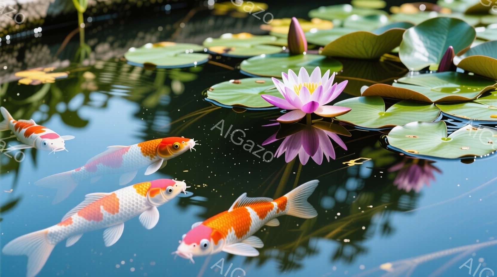 鮮やかな鯉が水面を優雅に泳いでいる様子が捉えられています。水にはピンクと白の蓮の花が咲き誇り、緑色の大きな葉が浮かんでいます。穏やかな水面と鮮やかな色彩が、平和で穏やかな雰囲気を醸し出しています。 - AI生成フリー素材
