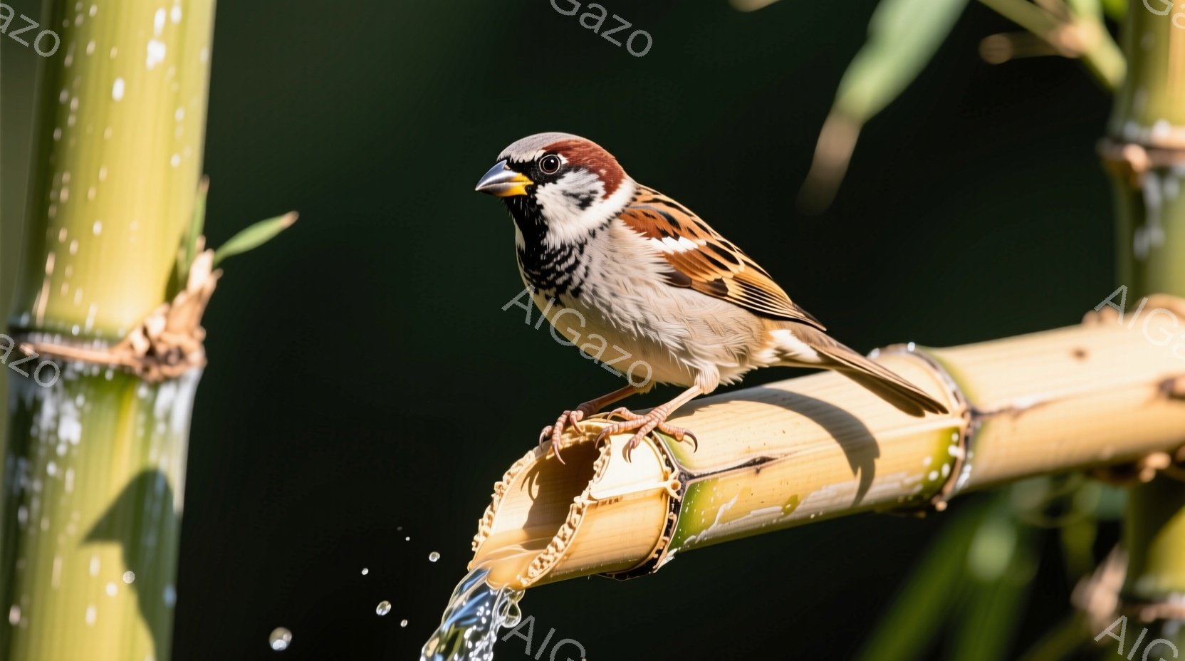 一羽のスズメが竹のパイプにとまっている姿が捉えられています。背景は緑色の竹林で、水がパイプから流れ落ちています。スズメは横向きで、鮮やかな模様の羽毛が光の中で輝き、穏やかで自然な雰囲気を醸し出しています。