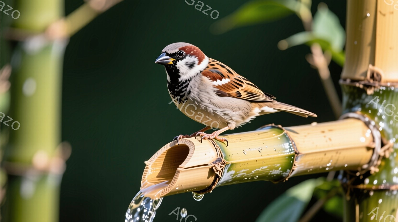スズメが一つの竹製の樋の上にとまっています。茶色と黒の模様が特徴的なスズメは、少しこちらを見ており、つぶらな瞳が印象的です。背景には緑色の竹林がぼやけており、水が樋から流れ落ちていることから、雨上がりもしくは水辺の穏やかな情景がうかがえます。