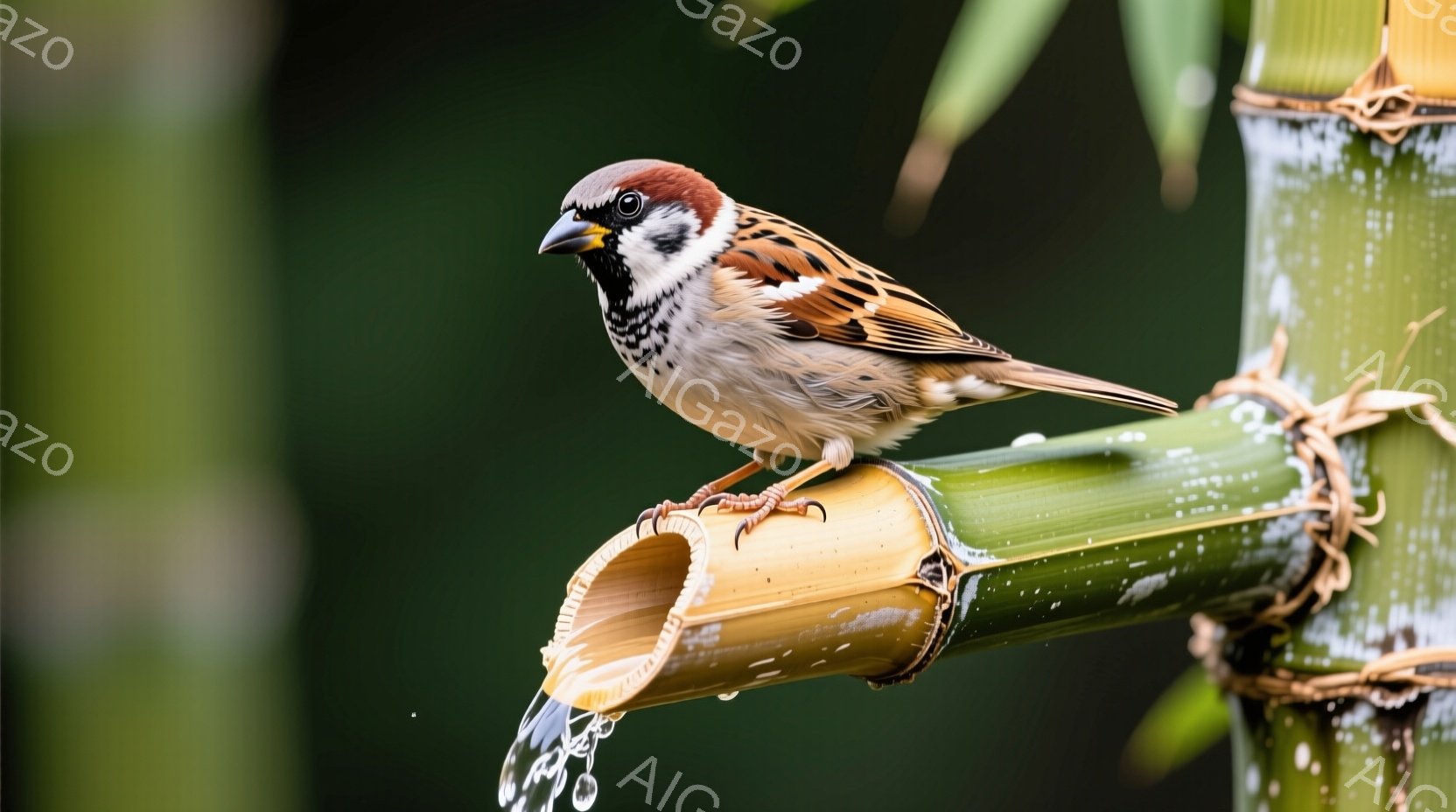 一本の竹に、スズメがとまっています。水滴が竹を伝って流れ落ちており、スズメは少し前かがみの姿勢で、活発そうに見えます。背景は緑色の自然で、雨上がりのしっとりとした雰囲気が漂っています。