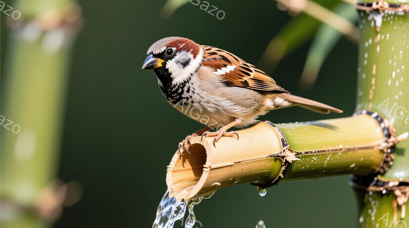 スズメが一本の竹の筒の上にとまっており、水滴が流れる様子が捉えられています。スズメは茶色と黒の模様があり、鋭い眼差しでこちらを見ているようです。背景は緑の植物で、自然の中で生きるスズメの姿を鮮やかに表現しています。