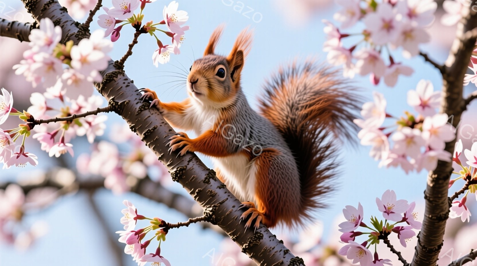 セリーズを模した合成画像で、春日下の花木上に座ったセリーズが描かれています。彼は軽やかに手を持ちながら、目を開いて周りを注意深く眺める姿勢で映っています。背景は明るく、花の雫が空中に舞い上るようなイメージを演出しており、春の日光と清らかな空気が感じられます。