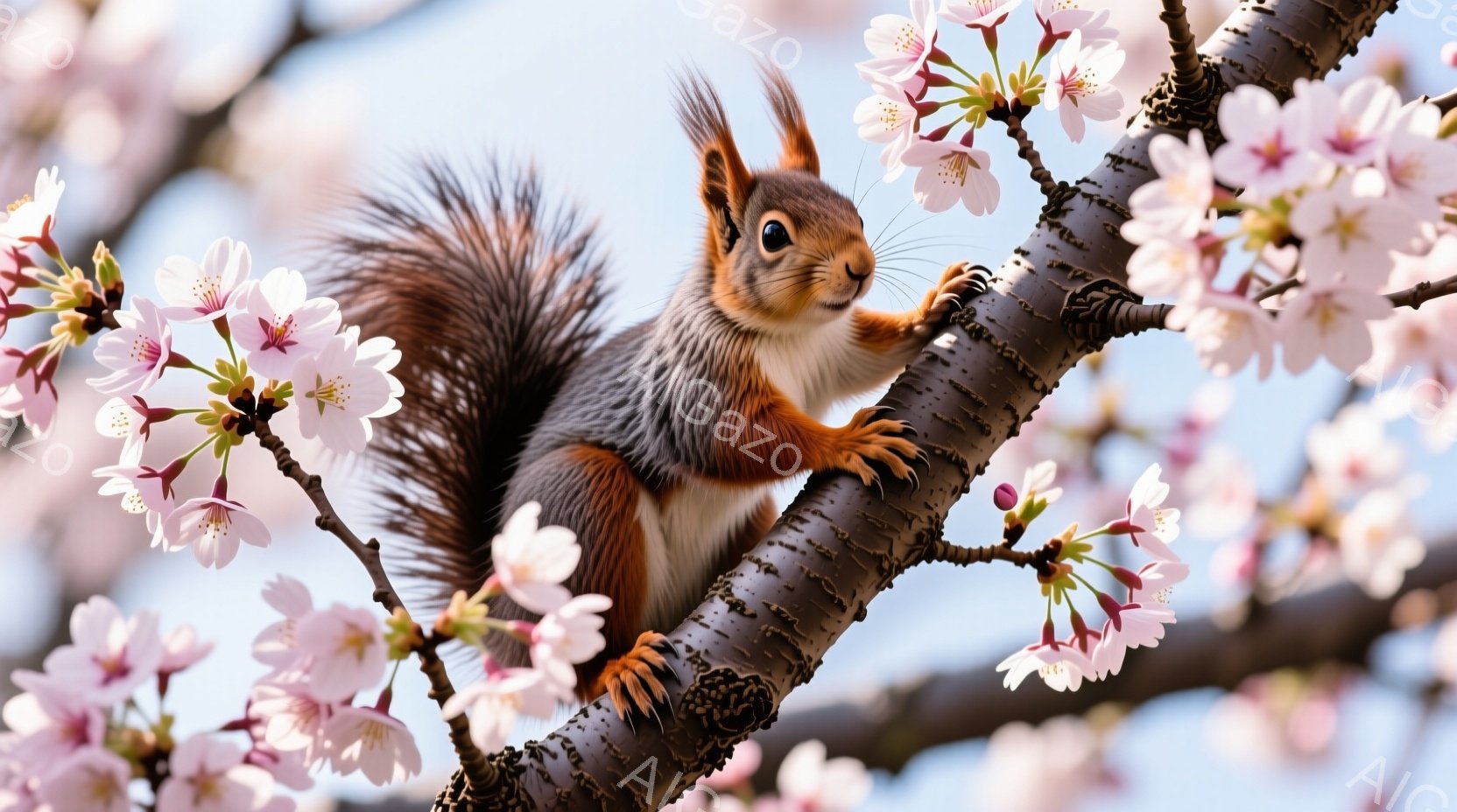 赤褐色の毛並みを持つリスが、桜の枝にしっかりと掴まっています。その表情は穏やかで、枝に爪を立てて安定した姿勢を保っています。背景には、淡いピンク色の桜の花が咲き乱れ、春の穏やかな雰囲気を醸し出しています。