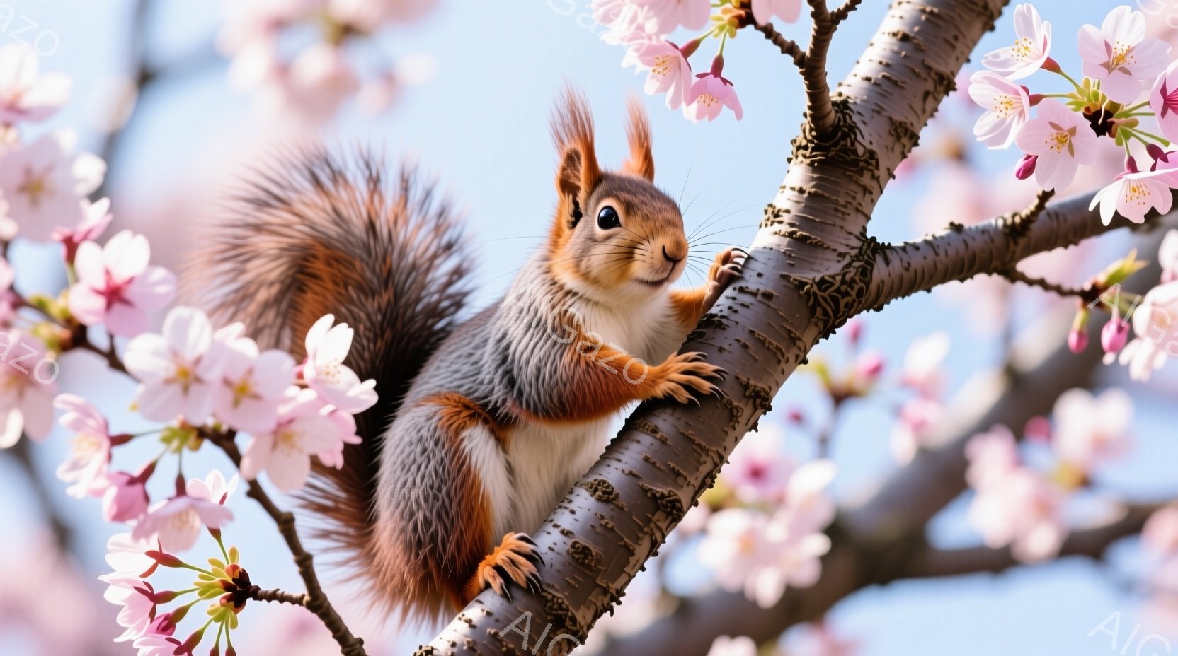 赤褐色の毛並みを持つリスが、桜の木の幹にしがみついています。前足でしっかりと幹につかまり、ふっくらとした頬と、つぶらな瞳が愛らしい表情を作り出しています。背景には、淡いピンク色の桜の花が咲き乱れ、春の - AI生成フリー素材