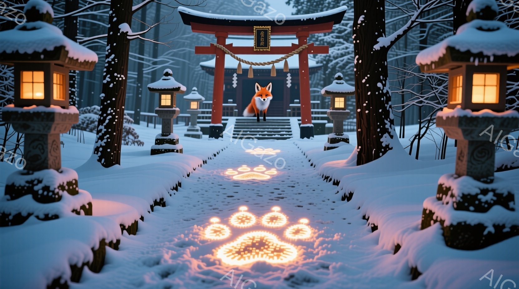 雪景色の中に、朱色の鳥居が立ち並び、その先にオレンジ色の毛並みの狐が凛々と佇んでいます。道には光り輝く狐の足跡が続き、雪原を照らし出しています。両脇には雪を被った石灯籠が立ち並び、幻想的で静寂な冬の雰 - AI生成フリー素材