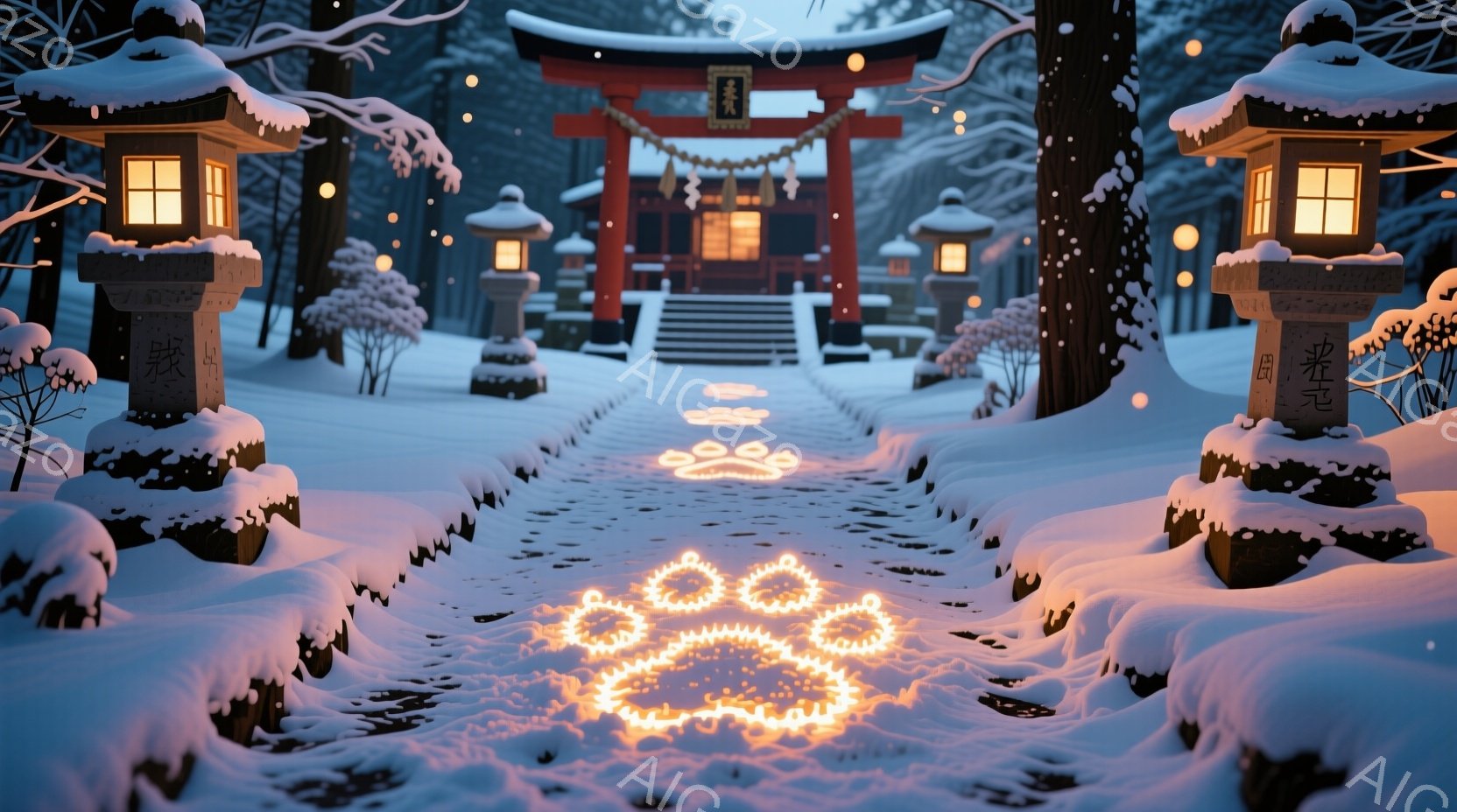 雪景色の中、鳥居と石灯籠が並ぶ参道が描かれています。雪道には、可愛らしい足跡の模様が灯りで照らされており、暖かく幻想的な雰囲気を醸し出しています。背景には、雪を頂いた木々が静かに佇み、冬の神秘的な風景 - AI生成フリー素材