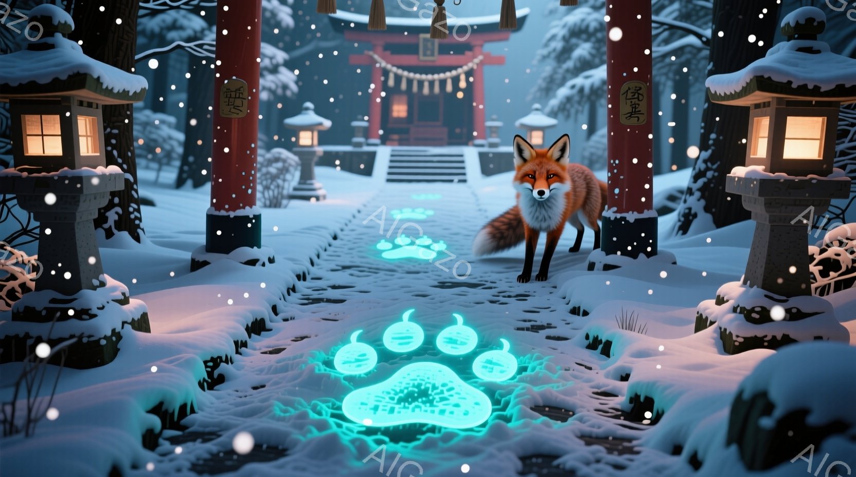 雪景色の中に赤い鳥居が並び、その先に神社の建物が見える。雪道には青く光る狐の足跡が点々と続いており、その足跡の先に一匹の狐が凛々しく立っている。降り積もる雪と、狐の姿が神秘的な雰囲気を醸し出している。