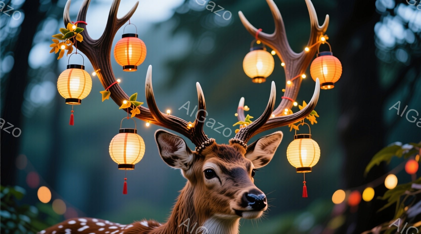 鹿が茂った角に提灯を飾って立っている。背景は緑豊かな森林で、ぼやけた光が幻想的な雰囲気を醸し出している。鹿の表情は穏やかで、提灯の暖かな光がその姿を優しく照らしている。