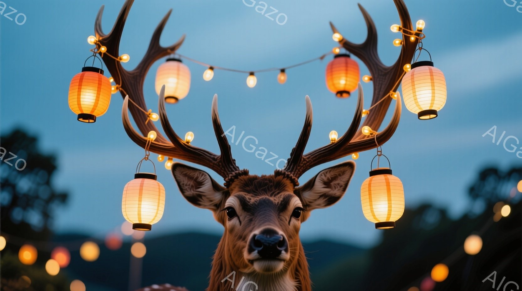 大きな角を持つ鹿が正面を向いており、その角にはオレンジ色の提灯が飾られています。背景は暗い緑の木々で、ぼやけた光の点が散りばめられており、夜または夕暮れ時の穏やかな雰囲気を醸し出しています。鹿の表情は穏やかで、どこか神秘的な印象を与えます。