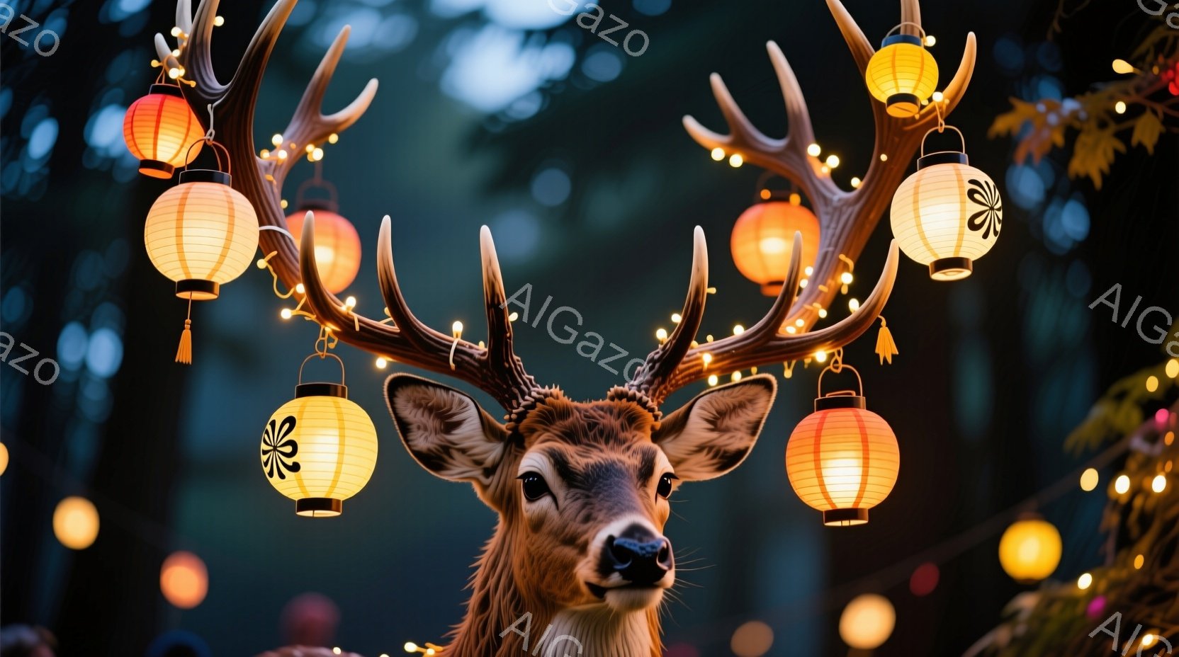 角に提灯が飾られた雄鹿の顔のクローズアップです。鹿は穏やかな表情で正面を見つめており、周囲にはぼやけた光の粒子が漂っています。背景は暗い緑の木々で、幻想的で穏やかな雰囲気を醸し出しています。 - AI生成フリー素材