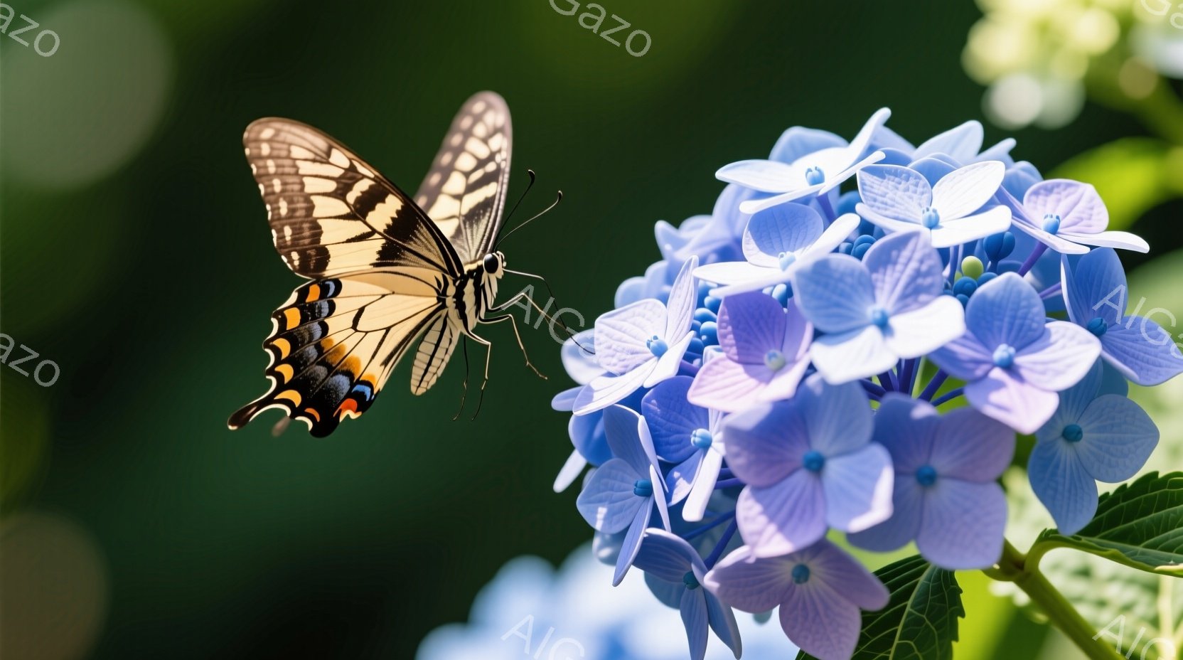青いアジサイの花が咲き誇り、その上に鮮やかなオレンジと黒の模様を持つアゲハチョウが舞い降りようとしている様子が捉えられています。背景は緑豊かな葉っぱで、ぼかしがかかっており、アジサイとアゲハチョウが際立っています。全体的に、初夏の穏やかで鮮やかな自然の美しさを表現した、安らぎのある雰囲気です。