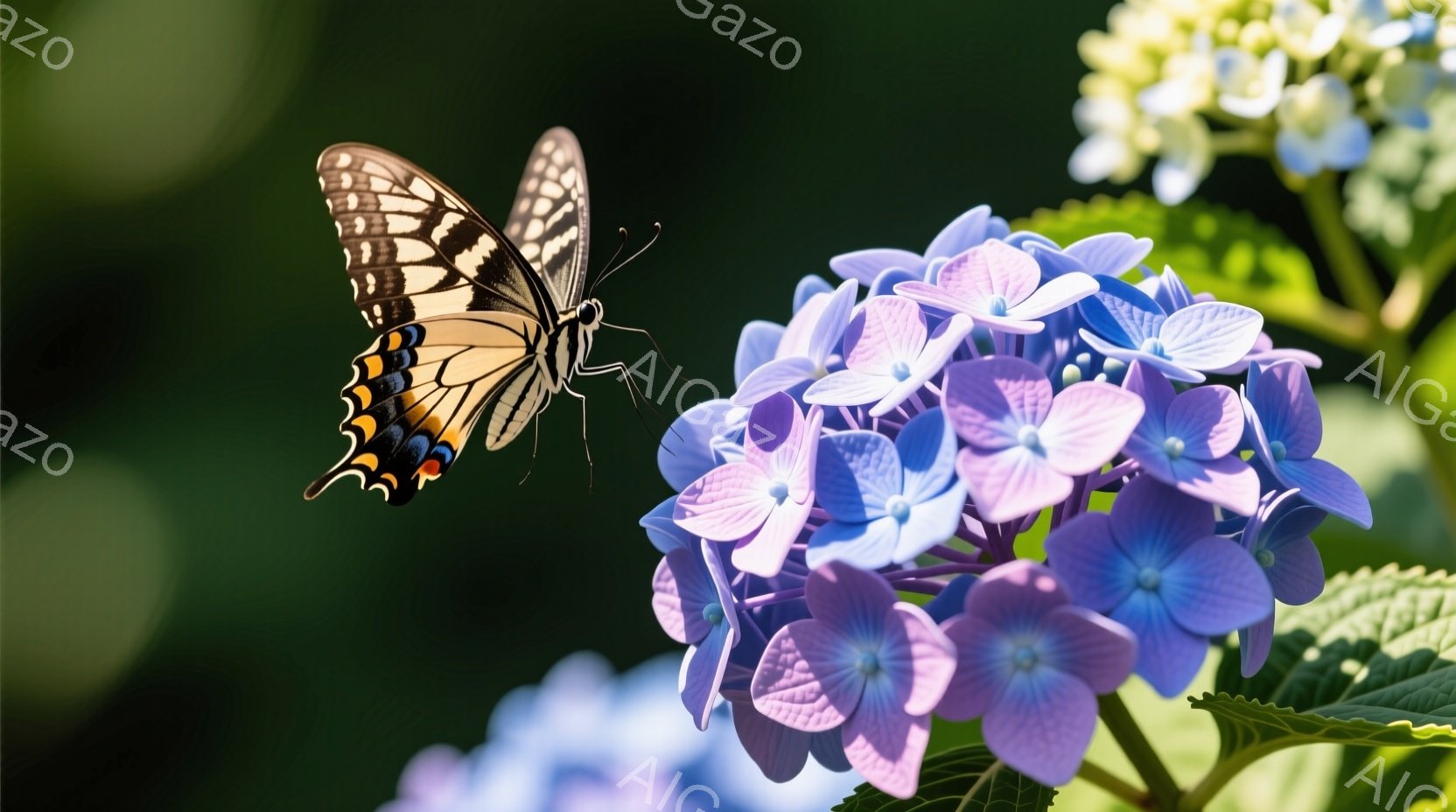 青いアジサイの花が鮮やかに咲き誇り、その前に鮮やかなオレンジと黒の模様を持つ蝶が舞っている。背景は緑の葉で覆われ、自然の中で静かで穏やかな雰囲気が漂う。光が柔らかく、花と蝶を美しく照らし出している。