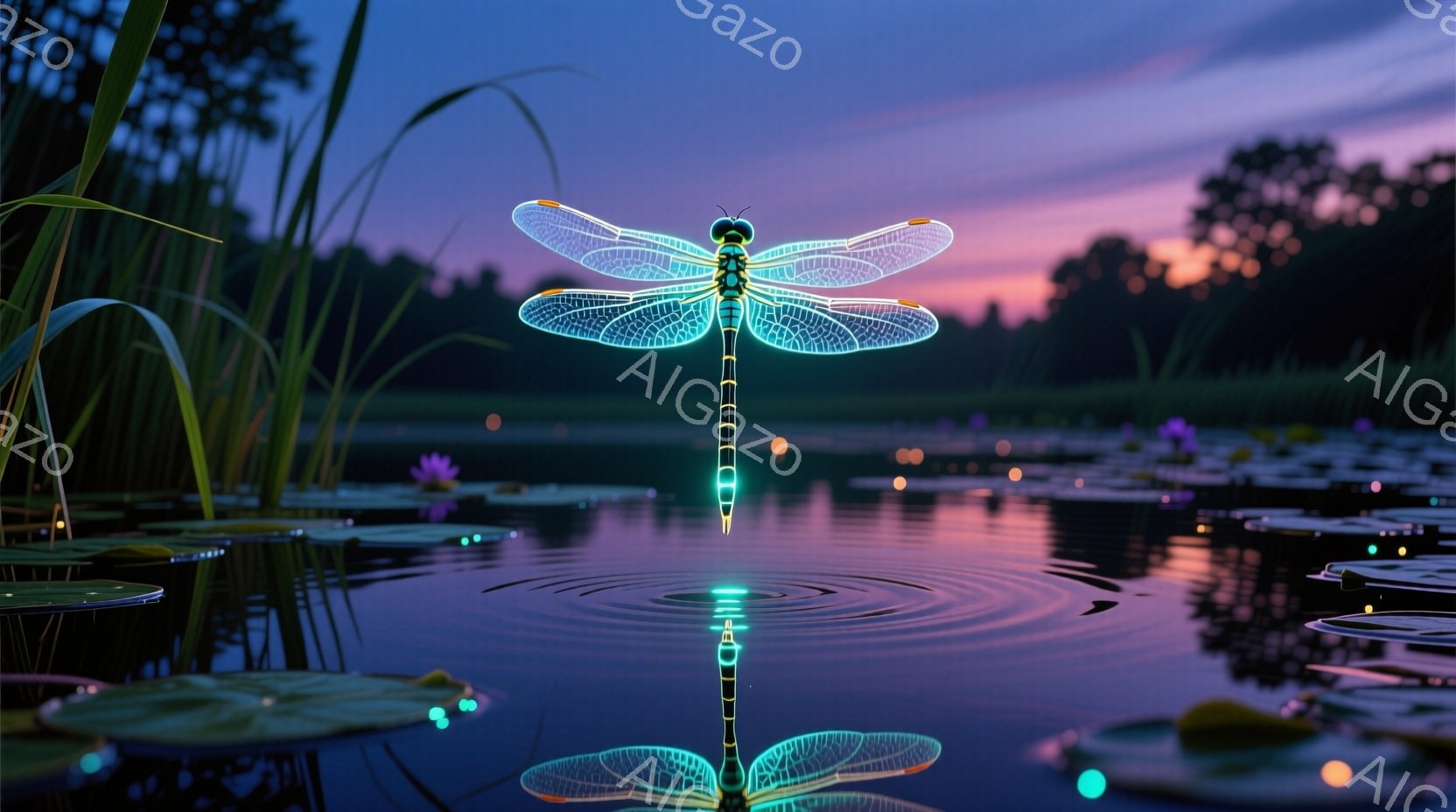 夜の池に、青と緑に光る巨大なトンボが浮かんでいる。水面にはトンボの鮮やかな反射が映り、周囲には睡蓮の葉が点在し、静かで幻想的な雰囲気を醸し出している。空は夕焼けの名残りで薄紫とオレンジの色合いが美しく、神秘的な夜の光景が目に映える。