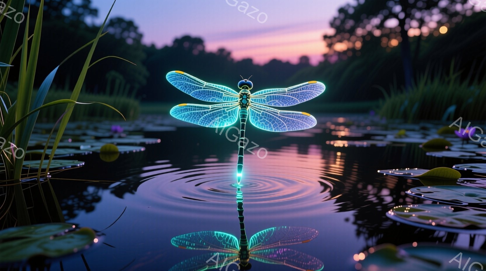 鮮やかな青緑色の光を放つ巨大なトンボが、静かな水面に浮かぶ睡蓮の葉の間で、まるで宝石のように輝いている。水面にはトンボの着水によって生じた同心円状の波紋が広がり、周囲の緑豊かな自然と調和した幻想的な雰囲気を醸し出している。夕暮れ時の空は、紫とピンクのグラデーションで彩られ、水面に反射して美しい光景を作り出している。