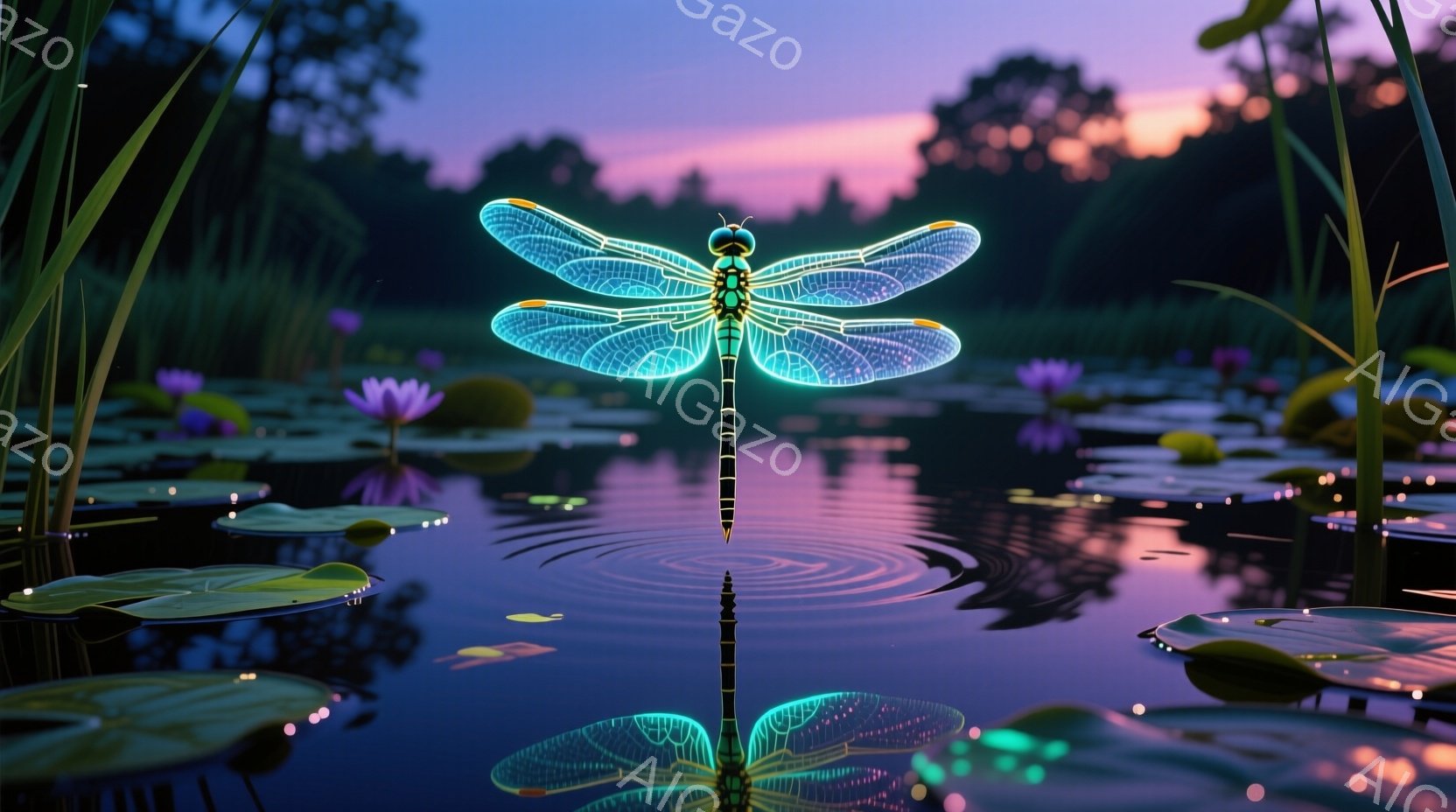 夜明けの池には、光るトンボが舞っている。水面には漣が広がり、水辺には緑豊かなスイレンが浮かび、トンボの鮮やかな色彩とコントラストをなしている。幻想的な光のトンボと穏やかな水面が、静かで神秘的な雰囲気を醸し出している。