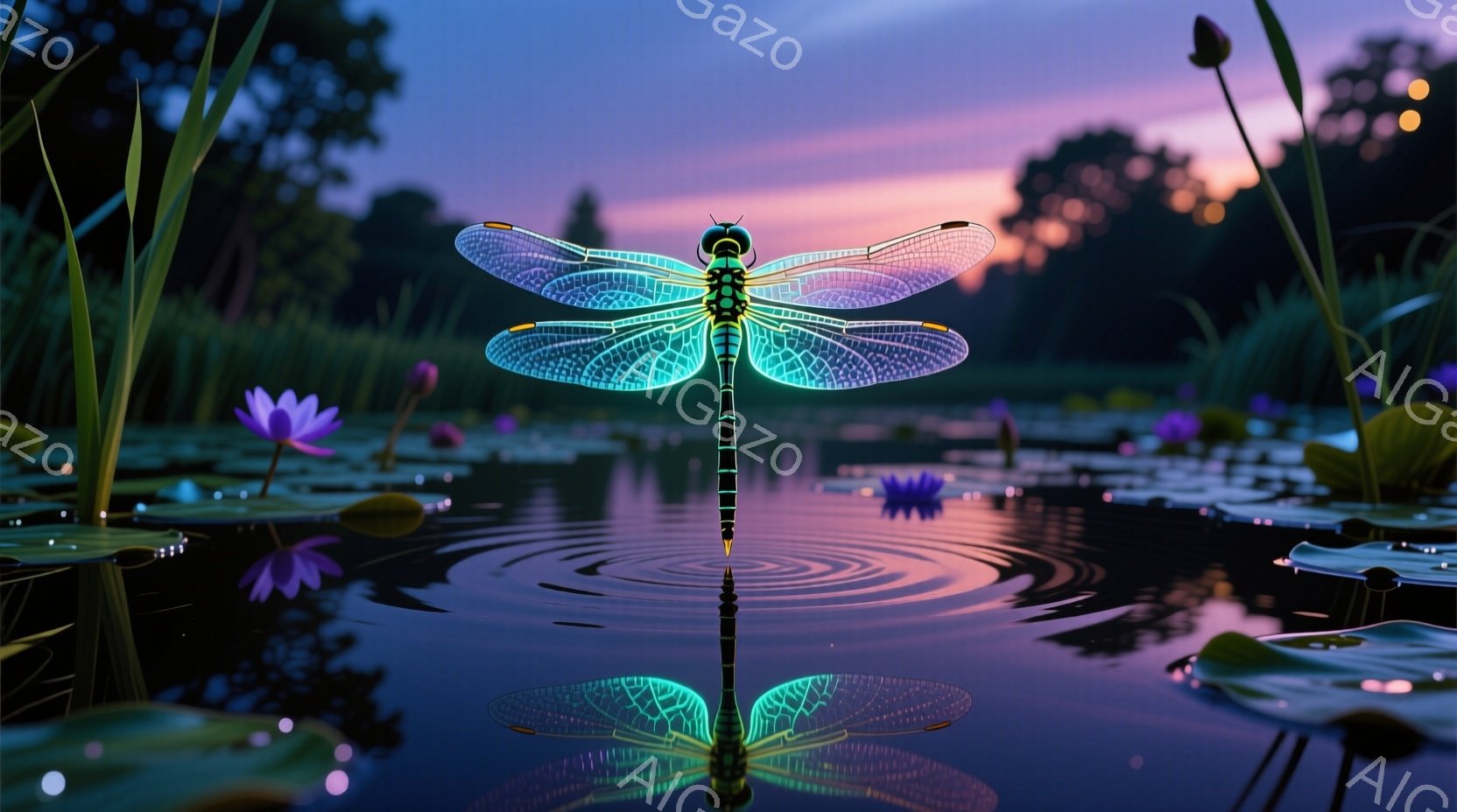 夜の池に、鮮やかな青緑色のトンボが羽を広げ、水面に円を描く波紋を映し出している。水面には数輪の紫色の睡蓮が浮かび、背景には緑豊かな植物が生い茂り、夕焼けのような空が幻想的な雰囲気を醸し出している。トンボのシルエットと水面の反射が美しく、静寂の中に生命の輝きを感じさせる。