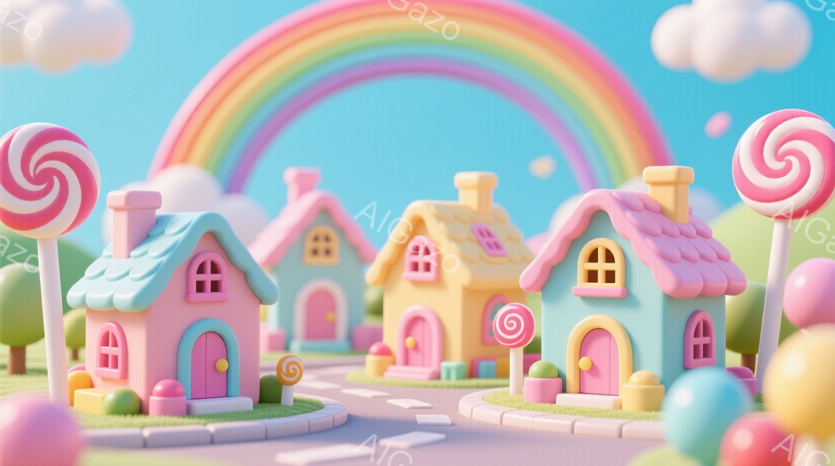 カラフルなキャンディのような家々が並ぶ、夢のような街並みです。空には虹がかかり、道にはキャンディのオブジェが置かれ、まるで遊園地のような可愛らしい雰囲気が漂っています。背景はパステルカラーの空と雲で、 - AI生成フリー素材