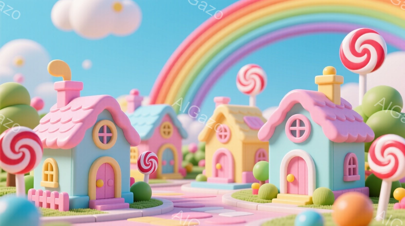 カラフルなキャンディのような家々が並ぶ、夢のような風景です。背景には虹がかかり、ふわふわした雲が浮かんでいます。全体的に明るく、甘くて楽しい雰囲気が漂っています。 - AI生成フリー素材