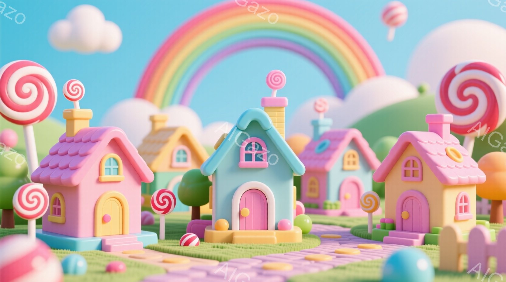 カラフルなキャンディランドが広がり、ピンク、水色、黄色の可愛らしい家々が並んでいます。虹と綿菓子のような雲が背景にあり、地面は緑の芝生で覆われ、いたるところに大きなキャンディが立っています。全体的に、夢のような、楽しくて陽気な雰囲気が漂っています。