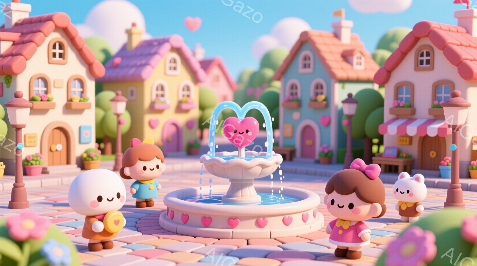 柔らかいパステルカラーで描かれた可愛らしい街並みで、丸いフォルムのキャラクターたちが噴水を取り囲んでいます。キャラクターたちはそれぞれ異なる色の服を着ており、ピンクのリボンや帽子を付けています。背景に - AI生成フリー素材