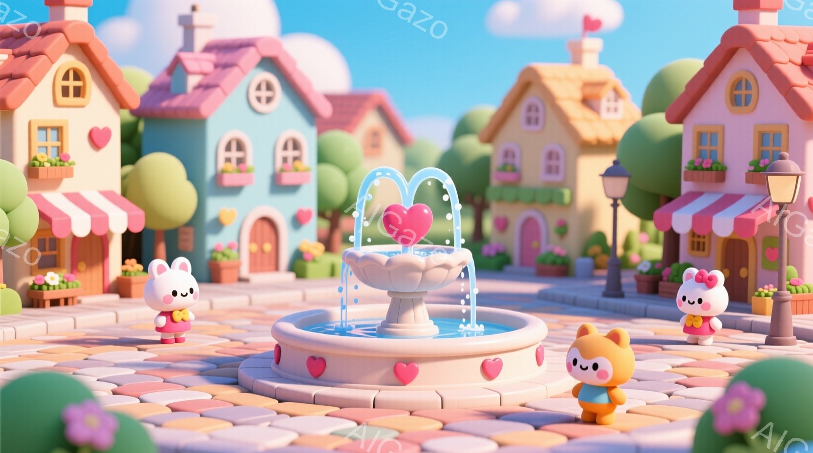 可愛らしい動物のキャラクターが、ハート型の噴水のある広場に立っている様子が描かれています。ピンクと黄色のうさぎのキャラクターはそれぞれ赤いリボンと黄色のリボンをつけており、満面の笑みを浮かべています。 - AI生成フリー素材