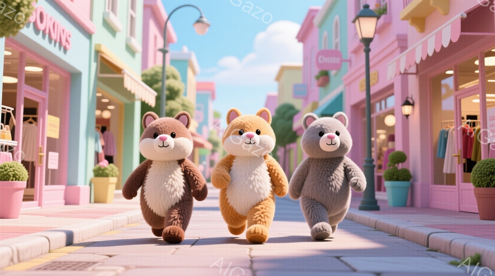 三匹のテディベアが、パステルカラーの可愛らしい街並みを歩いています。それぞれのクマは異なる毛色を持ち、楽しげな表情で前を見据えています。背景には、カラフルな建物や緑の植物があり、晴天の下、暖かく優しい雰囲気が漂っています。