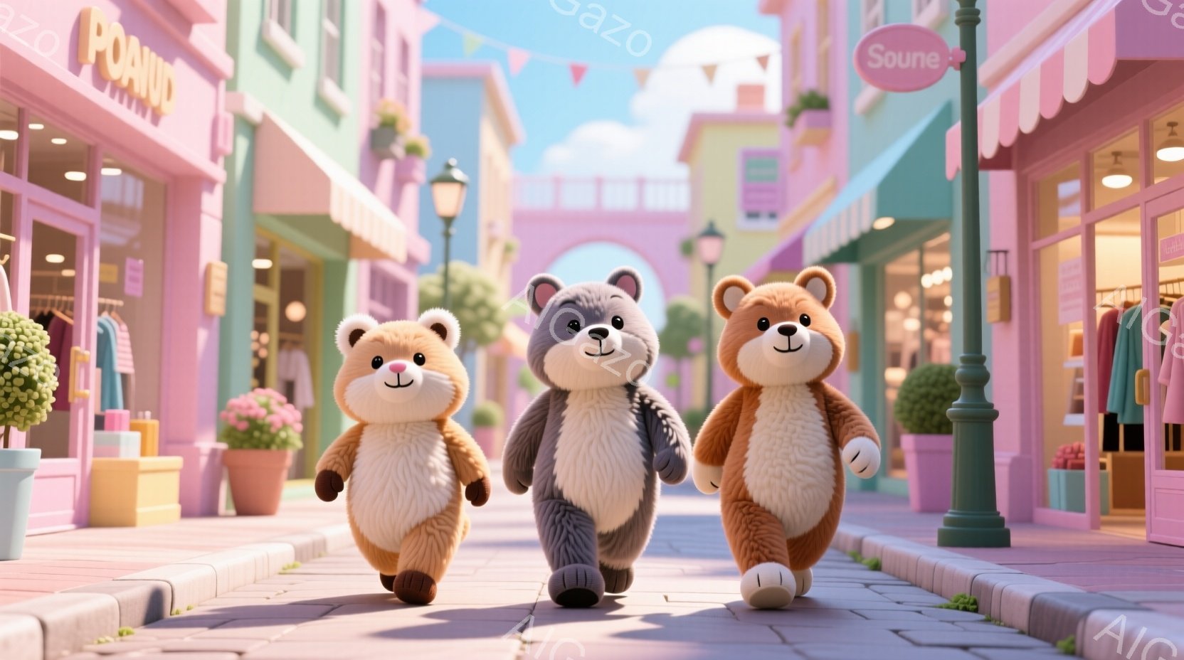 このイメージはCGアニメーションによる、可愛らしいリスリングの場景です。中心に立つ大きな熊を伴って、小さな白と茶色の熊が歩く町を見下ろしています。彼らは全て友好的な表情を持ち、手を合わせるように行進しています。背景は明るく、街中の建物や店舗が可愛らしいデザインで描かれており、雰囲気は楽しげでユニークな一風に感じます。