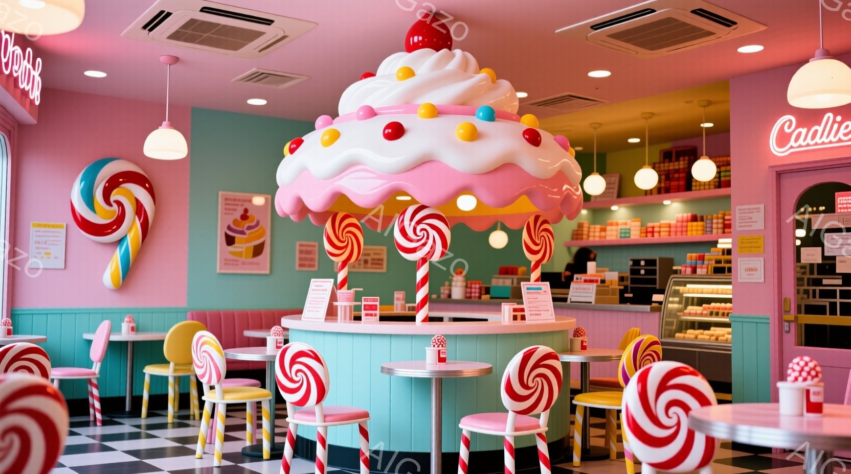 キャンディをテーマにしたカラフルなカフェの内部です。ピンク、水色、白を基調とした内装で、テーブルには巨大なキャンディが飾られ、椅子もカラフルでポップな印象を与えます。背景にはショーケースに並んだお菓子や、カウンターがあり、全体的に甘くて楽しい雰囲気が漂っています。