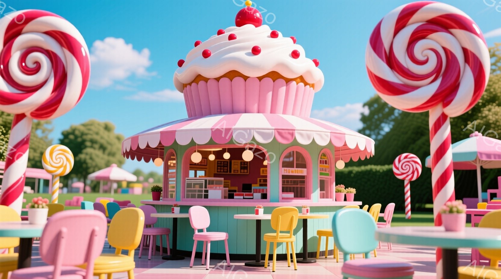 広大な緑の芝生の上に、カップケーキのような可愛らしい建物が建っています。建物はピンクと白のストライプで覆われ、大きな赤いチェリーが頂上に飾られています。周囲にはカラフルな椅子とテーブルが並び、キャンディケーンのような柱が建物の両側にそびえ立っており、夢のようなお菓子の国のような雰囲気です。