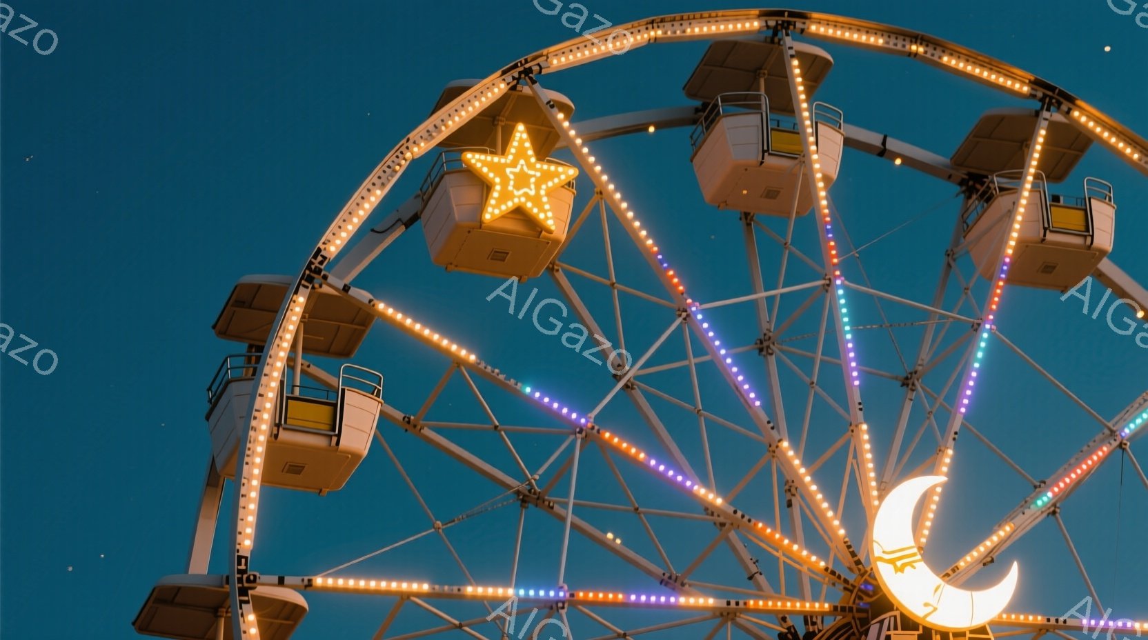 夜空を背景に、ライトアップされた観覧車が鮮やかに輝いている。各ゴンドラには星形と月形の装飾が施され、カラフルなLEDライトが観覧車の輪郭を彩っている。暗闇の中に浮かび上がる観覧車は、夢幻的でロマンチックな雰囲気を醸し出している。